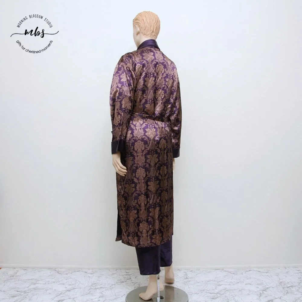 Design Studio Floral Brocade Pajama & Robe Set Tassel Tie Purple Golden Women S - Picture 6 of 16
